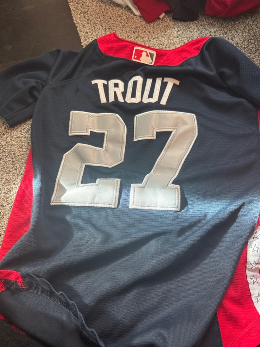 Majestic Kids Navy and Red Trout #27 Baseball Jersey